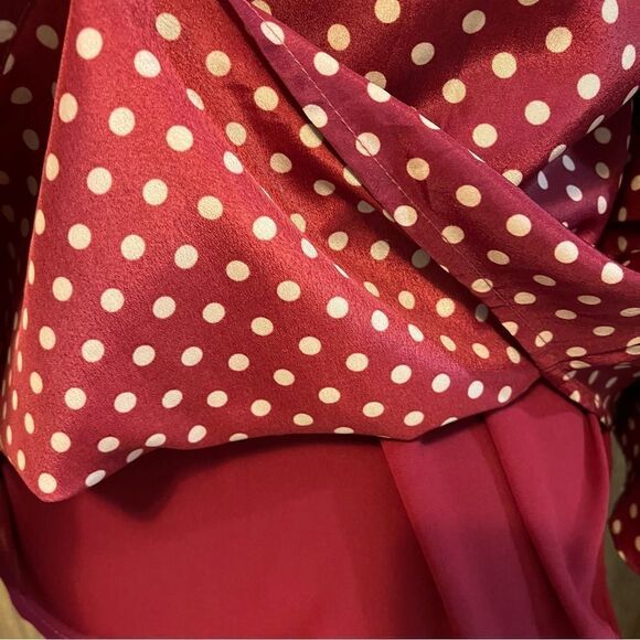 Skies Are Blue brick red and tan polka dot tie waist short length blouse size SP - Picture 13 of 14